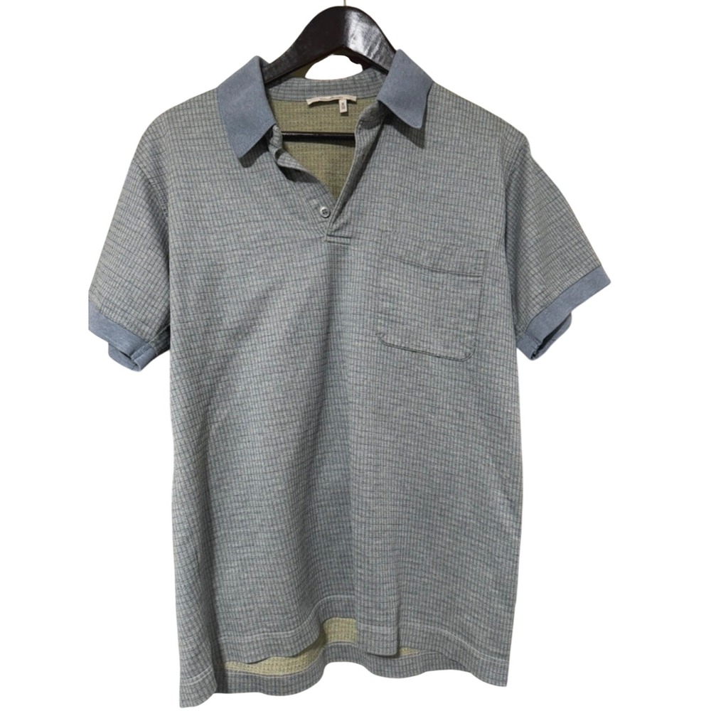 Ermenegildo Zegna Mens Blue Gray Micro Check Knit Polo Shirt Size M 50 Pocket
